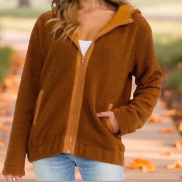Sherpa Hooded Brown / Fleece Jacket fully lined zip up & pockets NWT Boutique - Picture 8 of 11